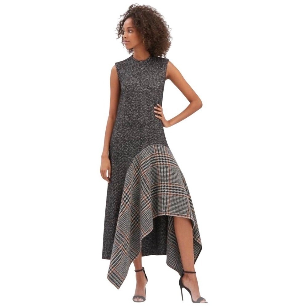 Unaya Herringbone Plaid Asymmetrical Midi Dress Womens S Gray Blue